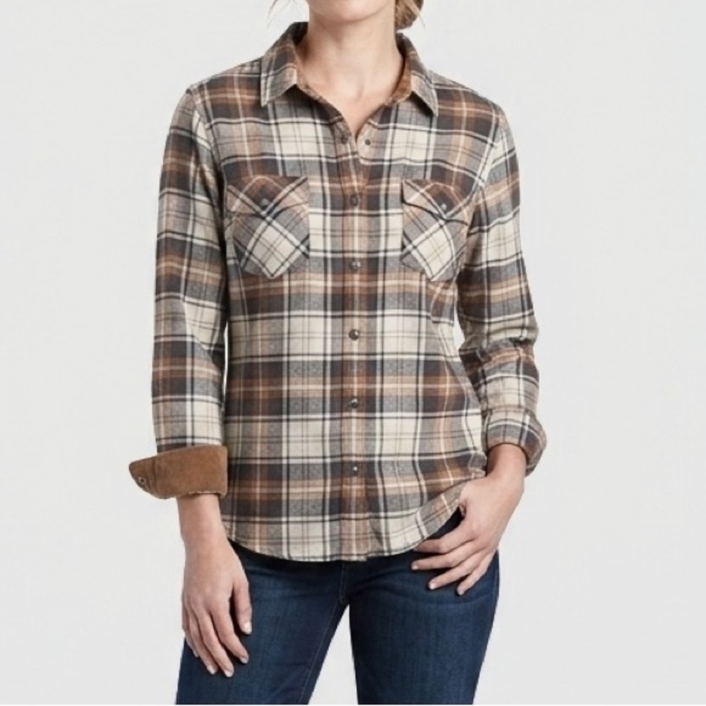 KUHL Tess™ Flannel Snap-Up LS Plaid Shirt Corduroy Trim Brown Grey Granola Girl
